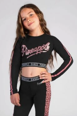 Pineapple Girls Leopard Logo Long Sleeve Crop Black Top