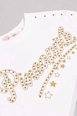 Crop T-Shirt With Stud Logo -Pineapple girls white crop t shirt withgold studs