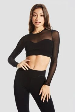 Mesh Panel Long Sleeve Crop Top